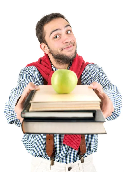 Nörd som poserar med böcker och äpple — Stockfoto