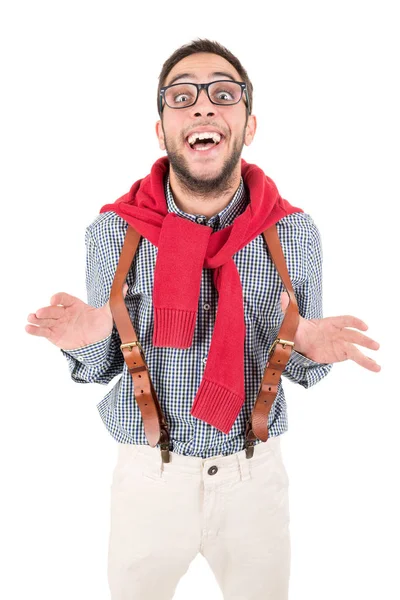 Nerd posing with suspenders — Stock Photo, Image
