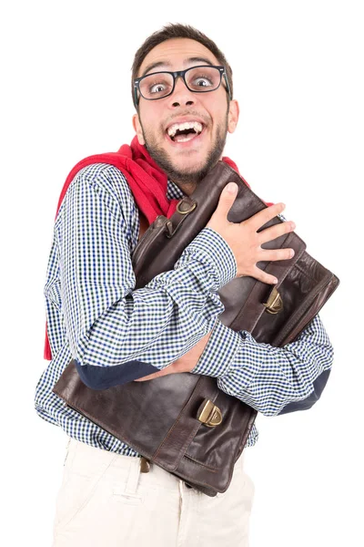 Nerd posiert mit Koffer — Stockfoto