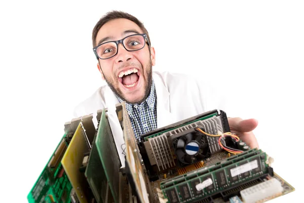 Engenheiro posando com componentes de computador — Fotografia de Stock