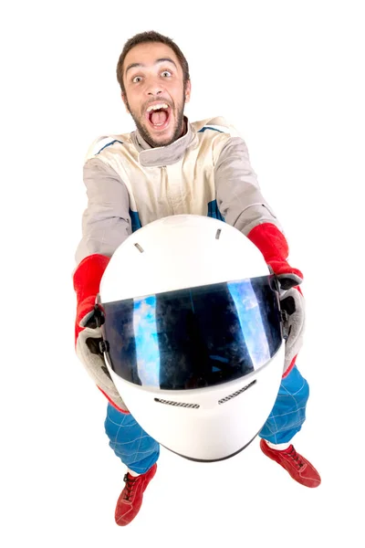 Motorista de corrida isolado em branco — Fotografia de Stock