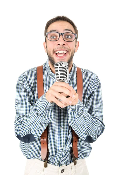 Nerd singt mit altem Mikrofon — Stockfoto