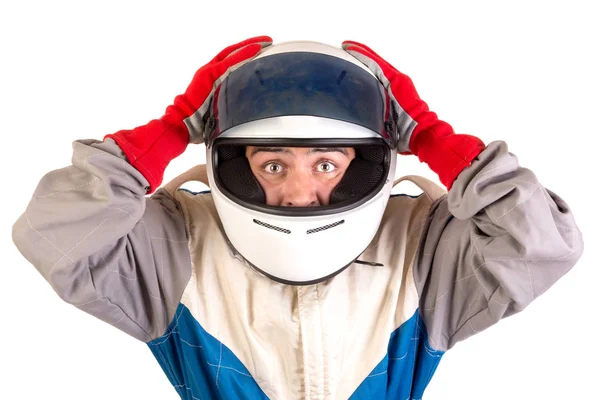 Motorista de corrida isolado em branco — Fotografia de Stock