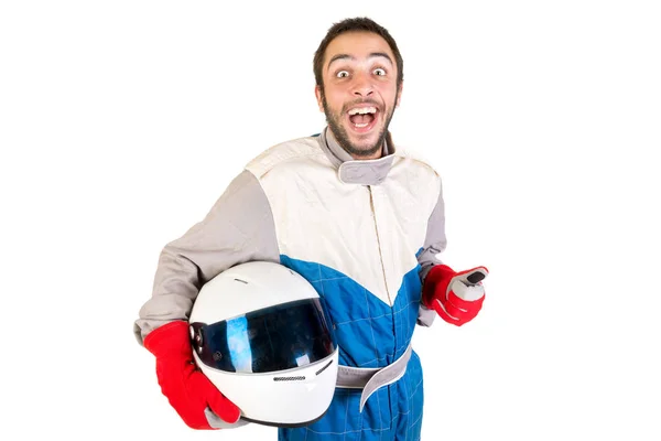 Motorista de corrida isolado em branco — Fotografia de Stock