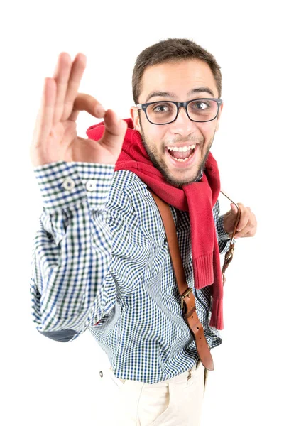 Nerd poseren geïsoleerd — Stockfoto