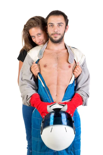 Motorista de corrida com menina — Fotografia de Stock