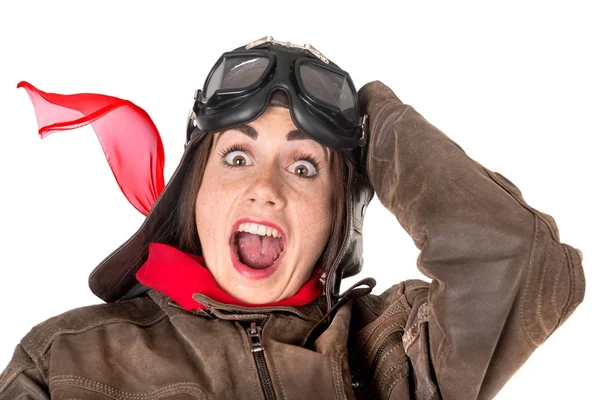 Chica divertida en equipo de aviador — Foto de Stock