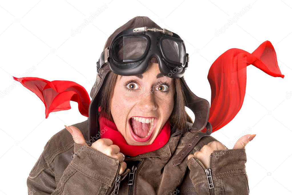 Funny girl in aviator gear