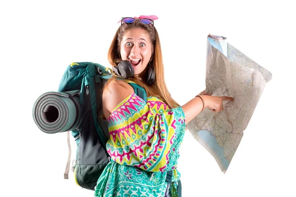 Utazó lány hátizsák és Térkép — Stock Fotó