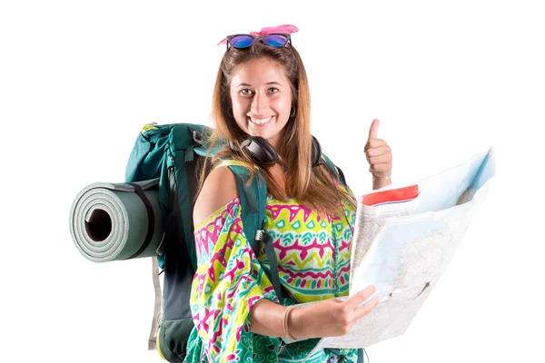 Menina turista com mochila e mapa — Fotografia de Stock