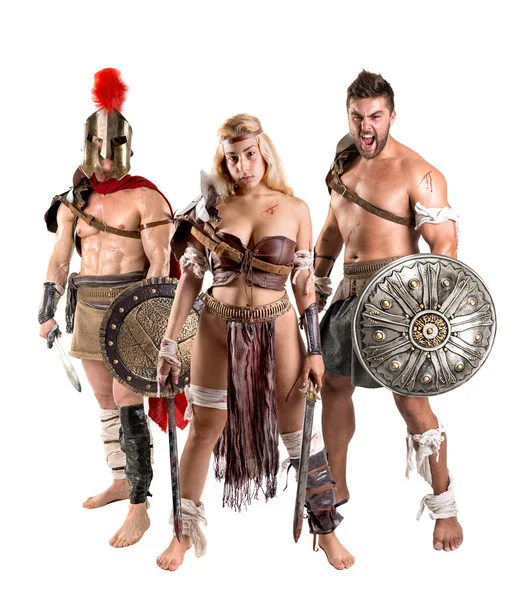 Oude Krijger Gladiator Groep Klaar Vechten Geïsoleerd Het Wit — Stockfoto