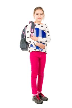 Genç kız öğrenci izole beyaz poz