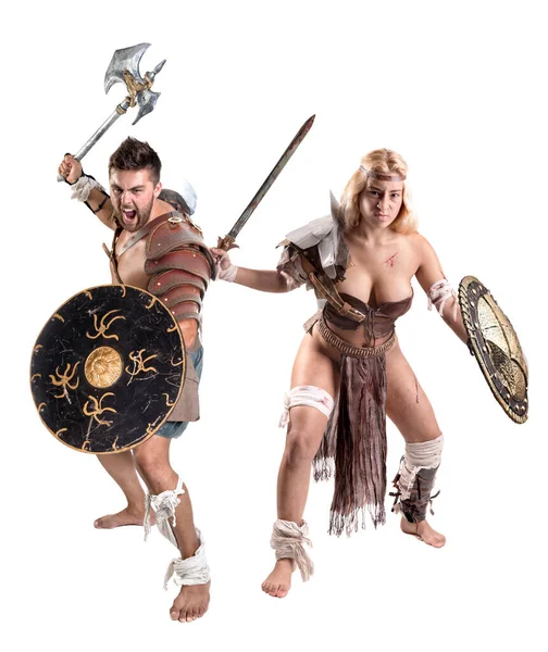 Αρχαίων Πολεμιστών Ζευγάρι Gladiator Θέτοντας Λευκό Φόντο — Φωτογραφία Αρχείου