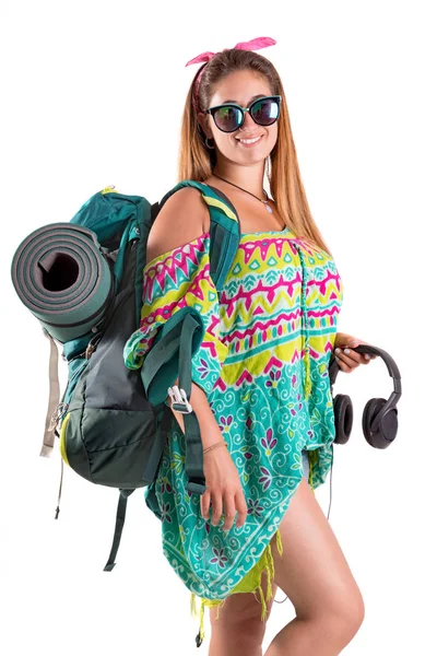 Happy Turistka Dívka Batohem Izolované Bílé Trekking Cestovní Životní Styl — Stock fotografie