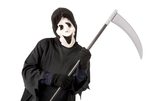 Snålt Med Reaper Mask Halloweenkostym Isolerade Vitt — Stockfoto