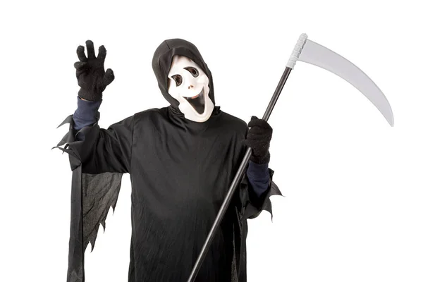Snålt Med Reaper Mask Halloweenkostym Isolerade Vitt — Stockfoto