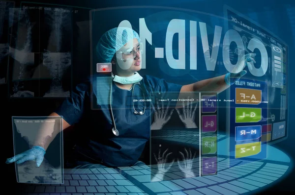 Young Doctor Researching Corona Virus Cure Digital Screens — Stock Photo, Image