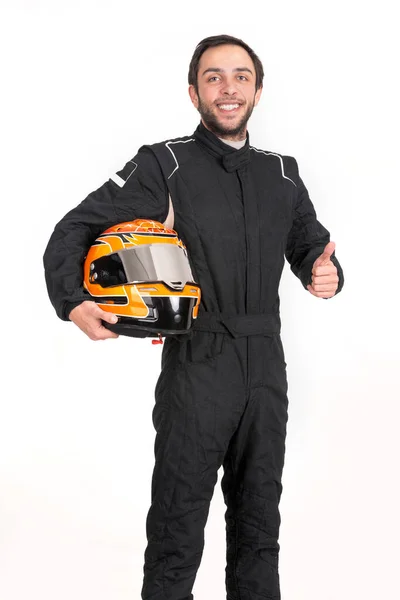 Piloto Corrida Posando Com Capacete Isolado Branco — Fotografia de Stock