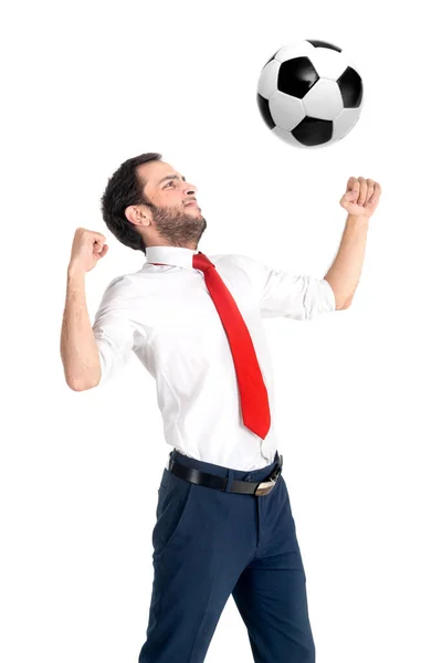 白地に孤立したサッカーボールを持つビジネスマン — ストック写真