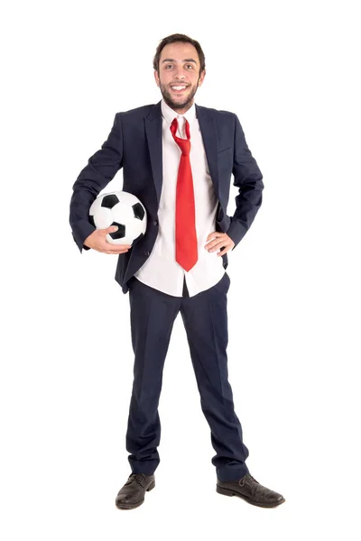 白で隔離されたポーズサッカーボールを持つビジネスマン — ストック写真