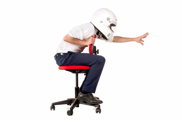 Zakenman Racen Een Stoel Met Helm Geïsoleerd Het Wit — Stockfoto