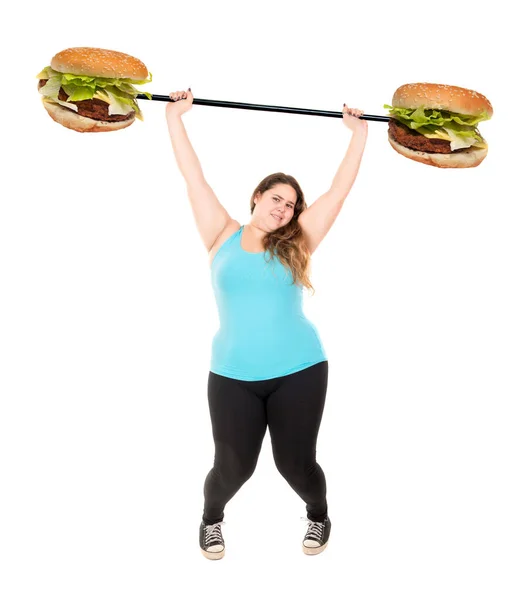 Mooi Groot Meisje Doen Fitness Oefeningen Met Hamburgers Geïsoleerd Wit — Stockfoto