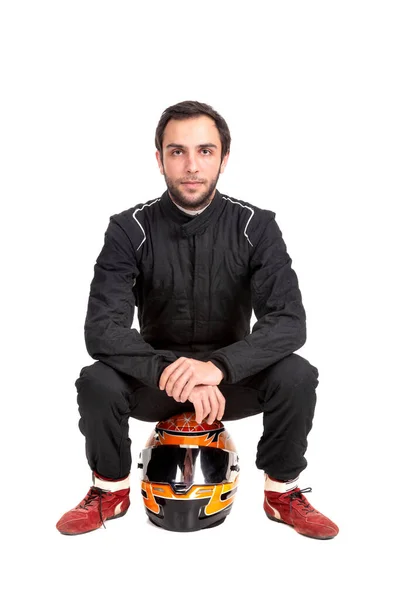 Racing Driver Full Gear Seating His Helmet Isolated White Background — Stock Photo, Image