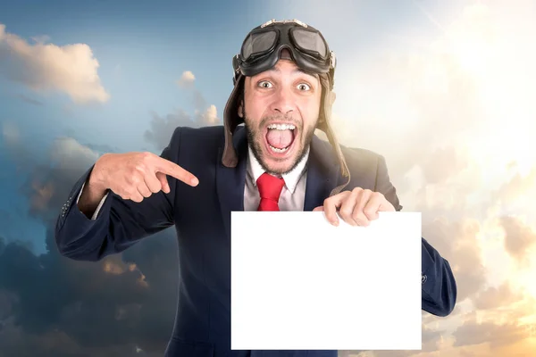 Businessman Pilot Goggles White Board Posing Sky — Stock Photo, Image