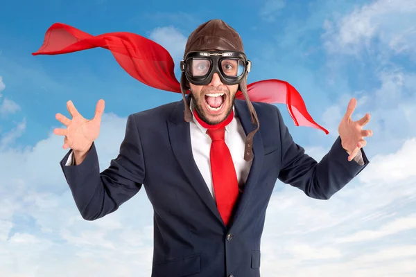 Happy Businessman Pilot Goggles Sky — Stock Photo, Image
