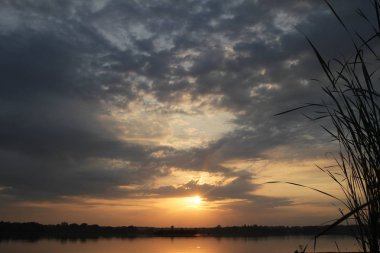 Güzel gün batımı bulutlu mavi parlak gökyüzü ve ağaç siluet ile Altın ışık göl sakin suda yansıtmak