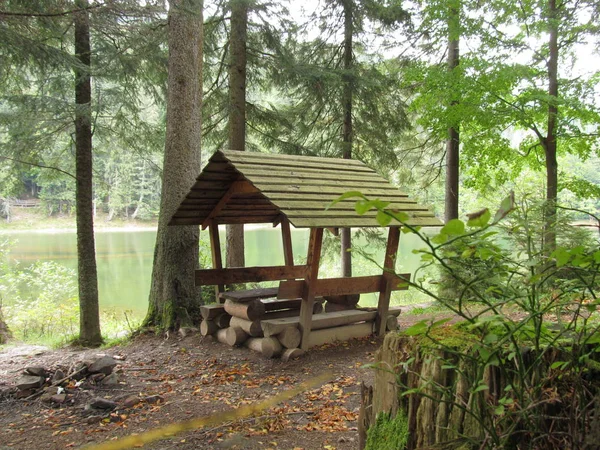 Деревянная беседка для отдыха и пикника на берегу лесного озера — стоковое фото