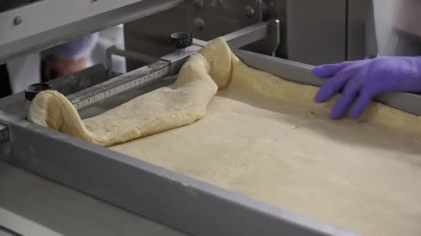Produktion av bageriprodukter i ett bageri. Bagaren knådar degen för bakning bullar. — Stockvideo
