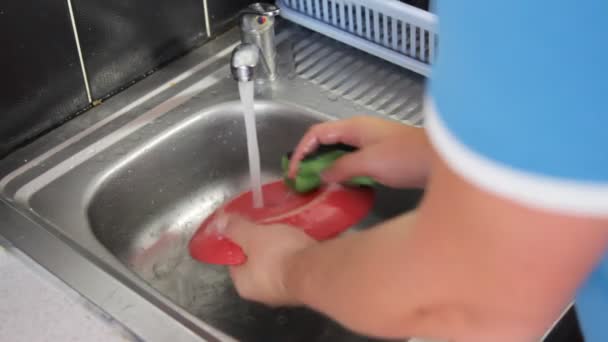Las manos del hombre lavando platos en un fregadero de cocina — Vídeo de stock