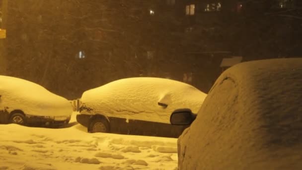 Snöfall Kvällen Gatorna Oskärpa Särskilt Förbättra Rörligheten — Stockvideo