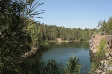 Taş uçurumlar ormanla göl. Taş ocağı ormanın içinde. Kayalar bir orman göl arka planı