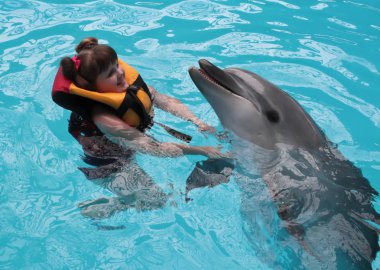 Mutlu çocuk ve Yunuslar mavi su. Yunus Terapisi destekli