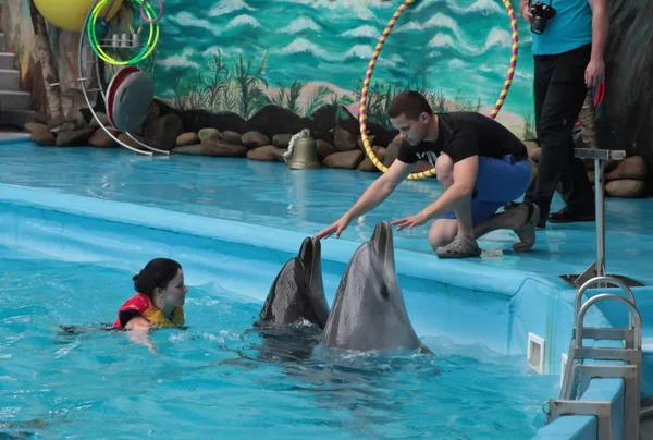 Kiev, 18 de junio de 2016. Una chica nada con delfines en un Aquapac en Kiev . — Foto de Stock