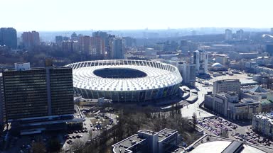 Kyiv, 4 Nisan 2018, Ukrayna. Olimpiyat Stadı, Şampiyonlar Ligi finalinde nerede gerçekleşecek bir bakış. 2018 Uefa Şampiyonlar Ligi final, panorama Stadyumu.