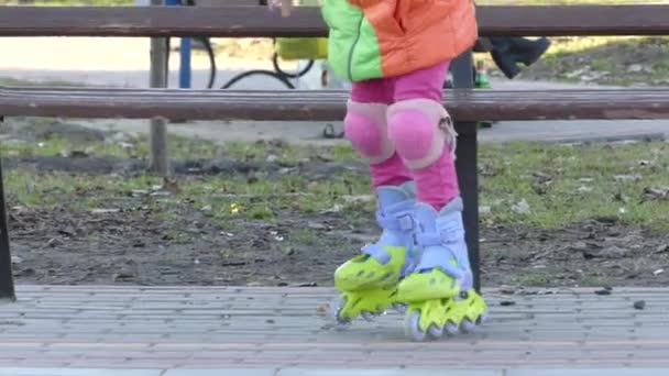 Kiev Ukraine Apr 2018 Legs Little Girl Posing Roller Blades — Stock Video