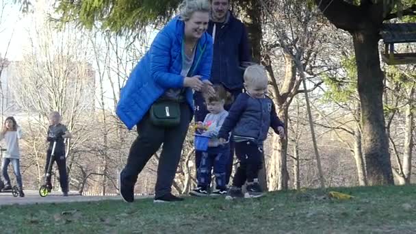 Mama Met Jarige Zoon Wandelen Het Park — Stockvideo