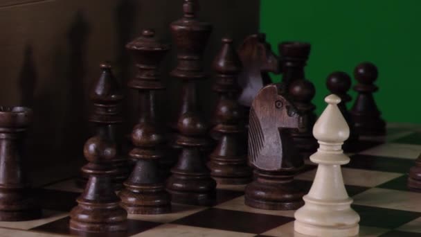 Schach Auf Grünem Hintergrund Schachbrett Mit Figuren Schachfiguren Auf Grünem — Stockvideo