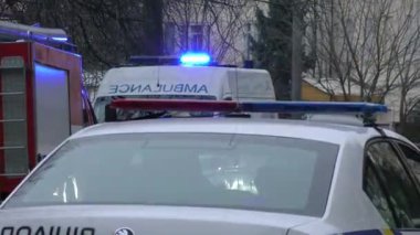 Europe, Kiev, Ukraine - March 2020: Close-up of special vehicle flashing lights. Blue lights of police flashers and ambulances.
