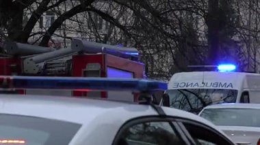 Europe, Kiev, Ukraine - March 2020: Close-up of special vehicle flashing lights. Blue lights of police flashers and ambulances.