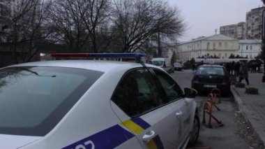 Europe, Kiev, Ukraine - March 2020: Close-up of special vehicle flashing lights. Blue lights of police flashers and ambulances.