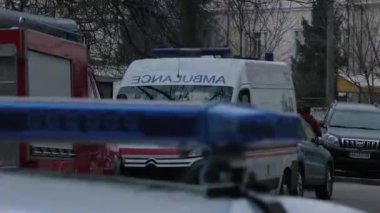 Europe, Kiev, Ukraine - March 2020: Close-up of special vehicle flashing lights. Blue lights of police flashers and ambulances.