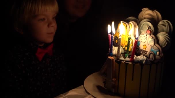 Four Year Old Boy Bites Cake Close Birthday Child Four — Stock Video