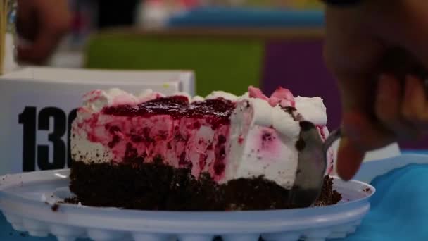 放假时 女服务员把一块蛋糕放在盘子里 — 图库视频影像
