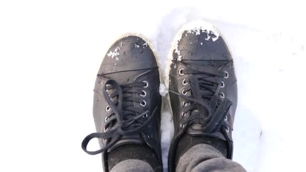 黒スニーカーの女の子は午後雪の中で家に帰る — ストック動画