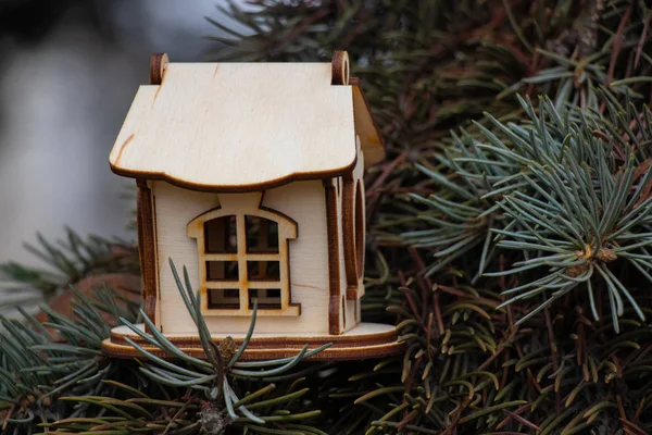 Petite maison en bois sur les branches d'un arbre de Noël — Photo