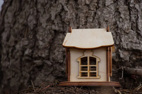 Una pequeña casa de madera se encuentra cerca de un tronco de árbol — Foto de Stock